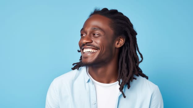 Portrait elegant sexy smiling African man with dark and perfect skin and long hair, on a light blue background. Advertising of cosmetic products, spa treatments shampoos and hair care products, dentistry and medicine, perfumes and cosmetology for men