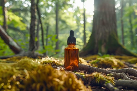 An amber-colored essential oil bottle with a dropper cap sits on the forest floor, among trees, roots, moss and grass in natural light. Natural cosmetics, healthy lifestyle. AI generated.