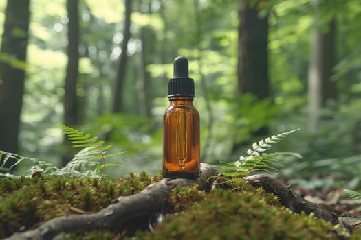 An amber-colored essential oil bottle with a dropper cap sits on the forest floor, among trees, roots, moss and grass in natural light. Natural cosmetics, healthy lifestyle. AI generated.