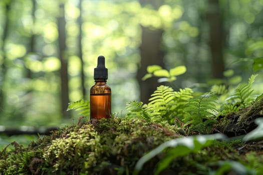 An amber-colored essential oil bottle with a dropper cap sits on the forest floor, among trees, roots, moss and grass in natural light. Natural cosmetics, healthy lifestyle. AI generated.