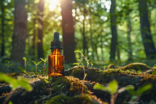 An amber-colored essential oil bottle with a dropper cap sits on the forest floor, among trees, roots, moss and grass in natural light. Natural cosmetics, healthy lifestyle. AI generated.