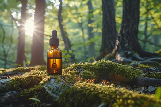 An amber-colored essential oil bottle with a dropper cap sits on the forest floor, among trees, roots, moss and grass in natural light. Natural cosmetics, healthy lifestyle. AI generated.