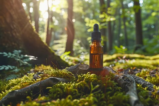 An amber-colored essential oil bottle with a dropper cap sits on the forest floor, among trees, roots, moss and grass in natural light. Natural cosmetics, healthy lifestyle. AI generated.