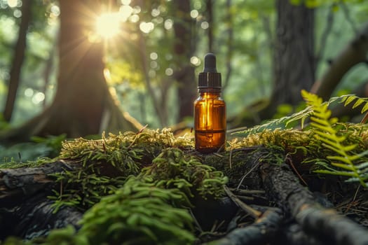 An amber-colored essential oil bottle with a dropper cap sits on the forest floor, among trees, roots, moss and grass in natural light. Natural cosmetics, healthy lifestyle. AI generated.