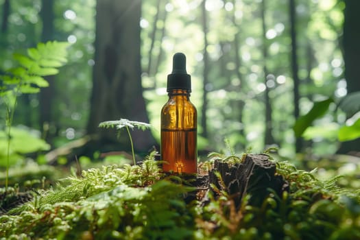 An amber-colored essential oil bottle with a dropper cap sits on the forest floor, among trees, roots, moss and grass in natural light. Natural cosmetics, healthy lifestyle. AI generated.