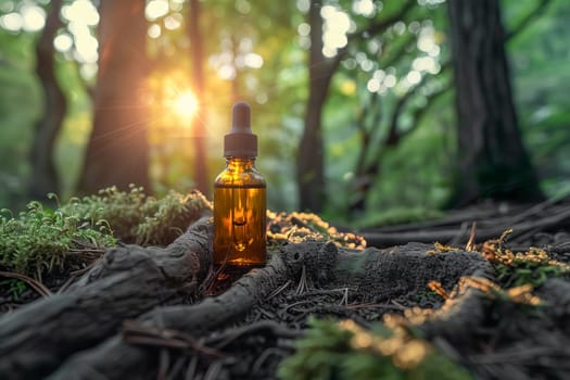 An amber-colored essential oil bottle with a dropper cap sits on the forest floor, among trees, roots, moss and grass in natural light. Natural cosmetics, healthy lifestyle. AI generated.