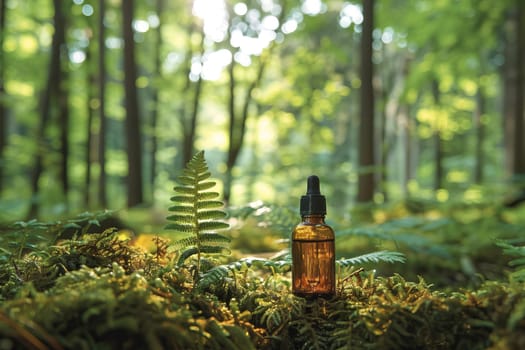 An amber-colored essential oil bottle with a dropper cap sits on the forest floor, among trees, roots, moss and grass in natural light. Natural cosmetics, healthy lifestyle. AI generated.