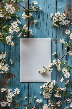 A white card sits surrounded by a circle of white flowers on a blue wooden table, creating a peaceful and elegant display of natural beauty
