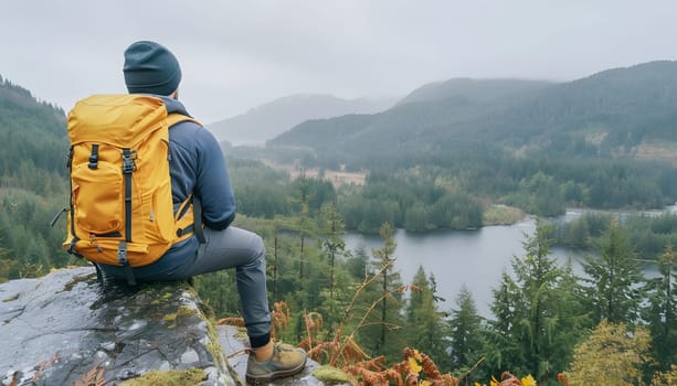A traveler with a backpack sits on a rock by the lake, surrounded by mountains, trees, and a peaceful natural landscape