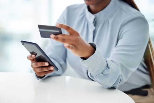 Business, hands and black woman with credit card, smartphone and typing with connection, payment and online banking. Closeup, African person and consultant with cellphone, ecommerce and discount deal.