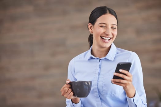 Business woman, phone and coffee with laughing on tech break with social media and meme scroll. Company, technology and funny mobile message of a professional with online and digital app of worker.