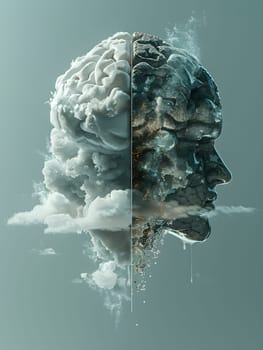 A sculpture made of transparent material depicting a brain and face crafted from clouds. Combining elements of water, art, science, and rock