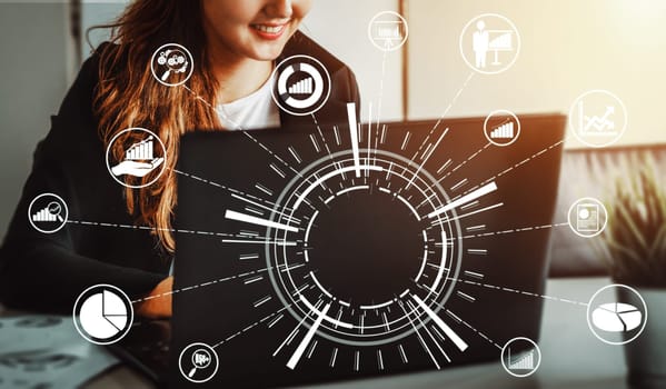 Data Analysis for Business and Finance Concept. interface showing future computer technology of profit analytic, online marketing research and information report for digital business strategy. uds