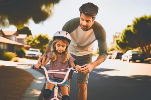 father teaches daughter to ride a bike in the park.