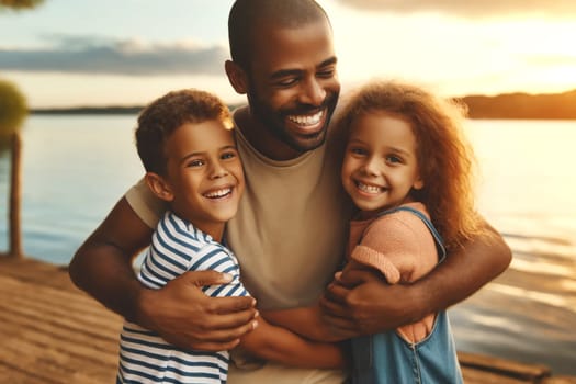 father hugs his two children on the shore of a lake at sunset, Father's Day concept