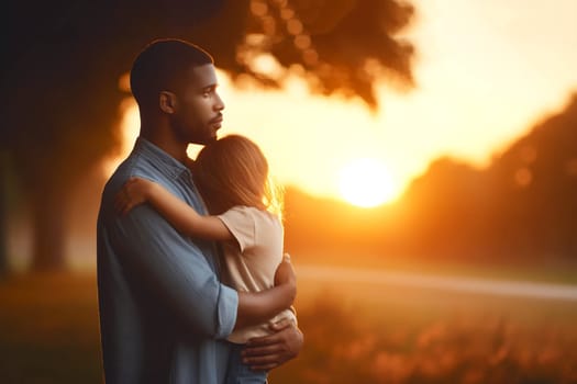 little daughter hugging her father at sunset in the park, Father's Day concept, copy space.