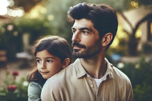 girl hugging her father in the park, Father's Day concept.