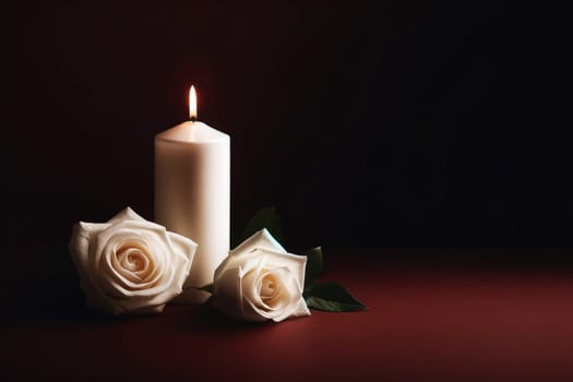 white candle and two white roses on a very dark burgundy background, a symbol of mourning and memory, copy space