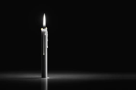 thin white candle burning on black background, grief concept, copy space