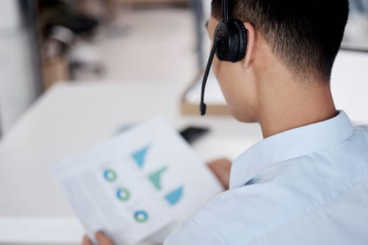 Businessman, call center and documents with headphones for consulting, finance or reports at office. Man, consultant or financial advisor with paperwork for online advice on budget or data analytics.