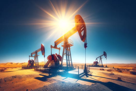 oil pump jacks under bright sunlight in the desert.