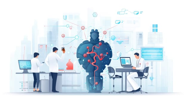 AI powered healthcare cartoon illustration - AI generated. Doctor, workplace, monitor, nervous system