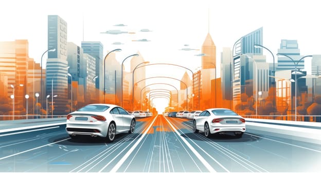 Autonomous vehicles cartoon illustration - AI generated. Cars, road, city street