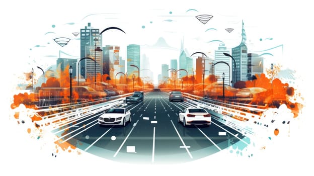 Autonomous vehicles cartoon illustration - AI generated. Cars, road, city street