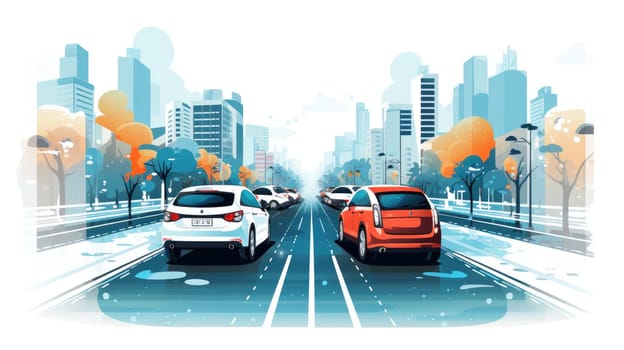 Autonomous vehicles cartoon illustration - AI generated. Cars, road, city street