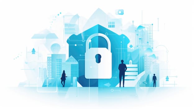 Cybersecurity defense cartoon illustration - AI generated. Padlock, people, building blue