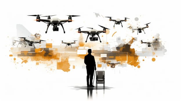 Drone technology cartoon illustration - AI generated. Drones, flying, man chair