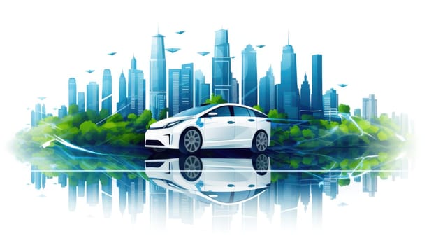 Electric vehicle cartoon illustration - AI generated. Electric, car, cityscape trees