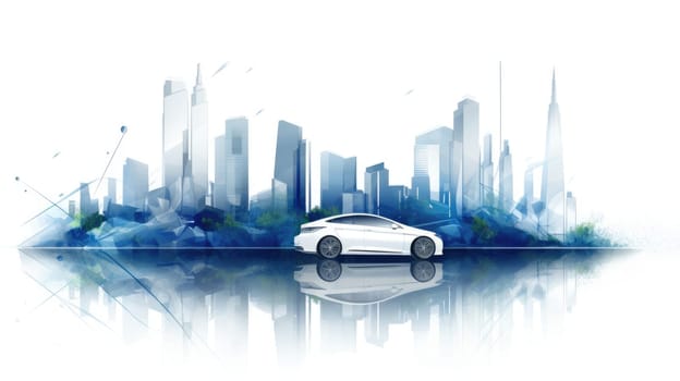 Electric vehicle cartoon illustration - AI generated. Electric, car, cityscape trees
