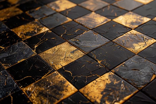 Horizontal background with a black and gold checkerboard with scuffs.