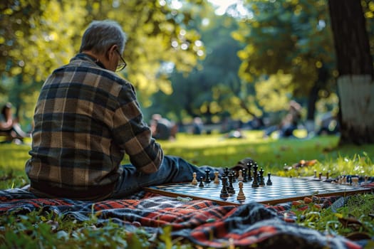 An elderly man sits in a park on the grass next to a chessboard. Retirement hobby concept.