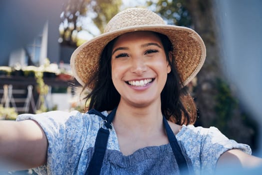 Happy, woman and florist taking selfie with smile for earth day outdoors in garden. Portrait of female person or farmer with straw hat and excited for sustainable, eco friendly small business.