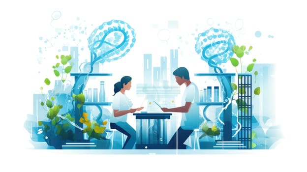 Genetic engineering lab scientists cartoon illustration - AI generated. Scientists, laboratory, man, woman.