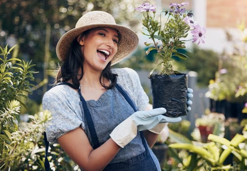 Flowers, outdoor garden and portrait of woman with plant for environment, sustainability or ecology. Nature, happiness and female person for green nursery, agriculture or landscaping in backyard.