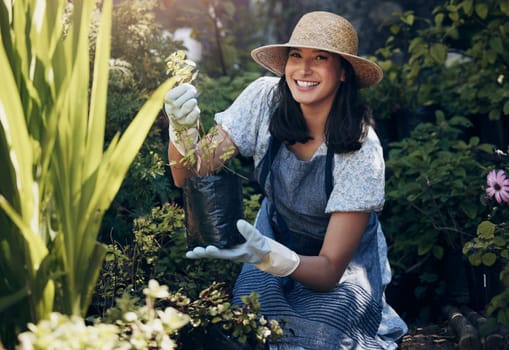 Flowers, portrait or happy woman in nature with plants for growth, ecology development and nursery service. Gardener, florist or eco friendly farming for leaves, horticulture or floral sustainability.