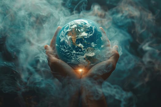 The globe shrouded in smoke, clouds in human palms on a dark background.