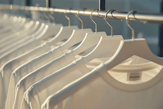 Close-up of white blank t-shirts hanging in a row on wooden hangers.