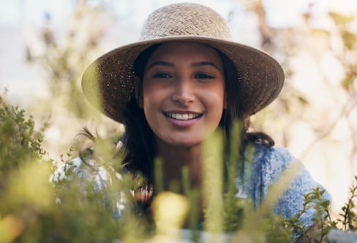 Nursery, smile or girl in nature with plants for growth, ecology development or agriculture business. Happy gardener, florist or eco friendly farming for care, horticulture or floral sustainability.