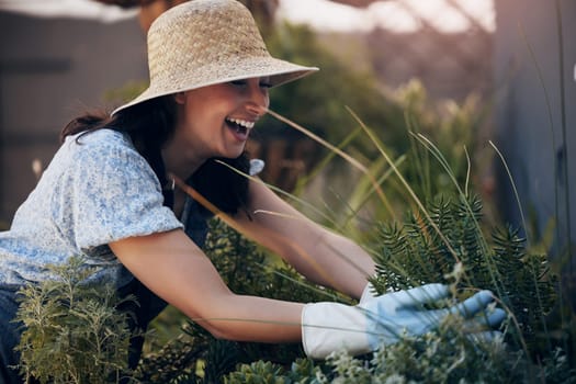 Florist, excited or girl in nature for flowers for growth, ecology development or agriculture business. Happy gardener, nursery and proud woman farming for plants, horticulture and floral results.