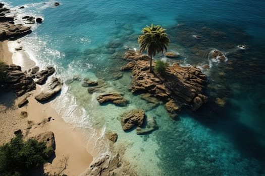 A tree on a small rocky island in the water.