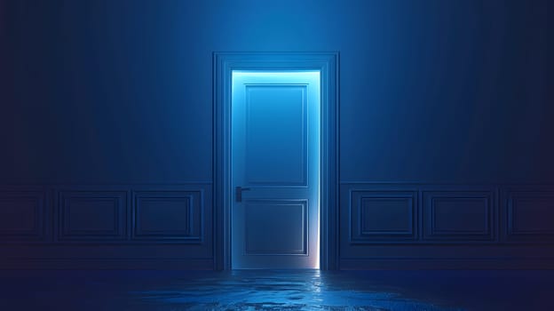A rectangular door in a dark building is open, revealing electric blue lights resembling water. The symmetry and artistry of the scene create an entertaining ambiance