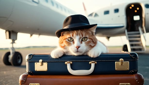 Traveler cat at airport, private jet awaits. Cat adorned with stylish hat sits atop suitcase, evoking sense of companionship in travel