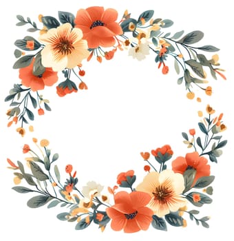 A beautiful wreath made of flowers, leaves, and petals on a porcelain plate, creatively arranged on a white rectangle serveware dishware. A stunning display of creative arts with plant branches