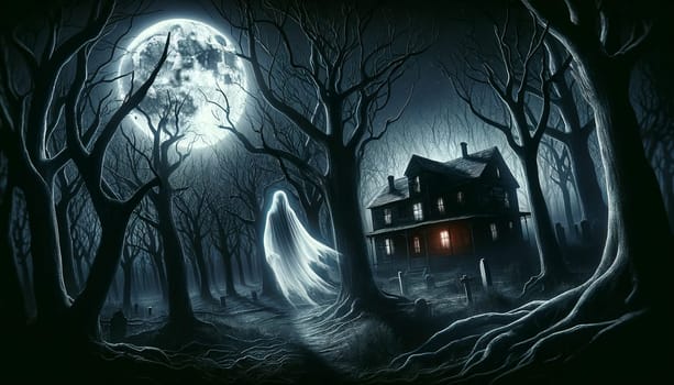 haunted house with ghost full moon and bare trees.