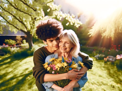 teenage boy giving flowers to his mother in the garden, Mother's Day concept.