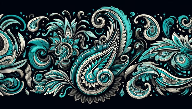 horizontal turquoise turkish paisley pattern on black background.